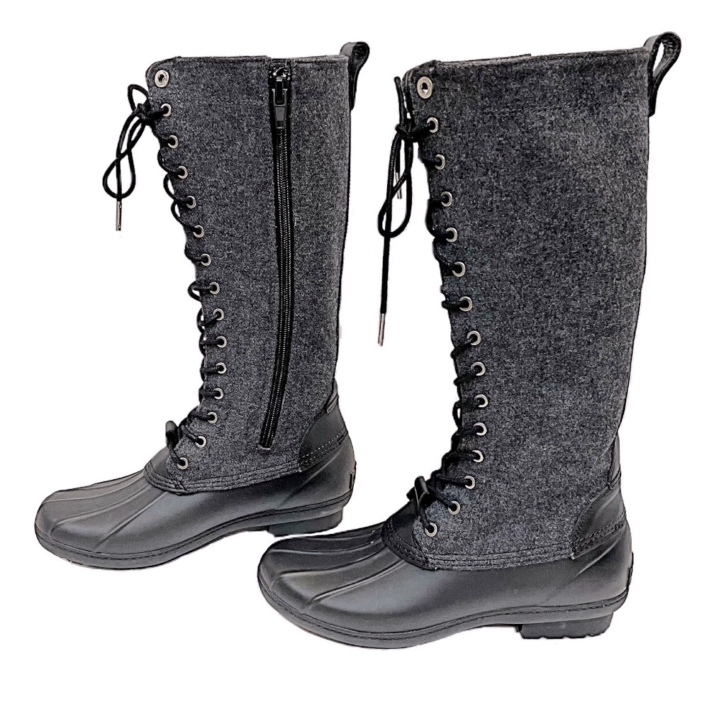 Michael Kors Easton Flannel and Rubber Tall Rain Boot, Black / Gray, Size 7